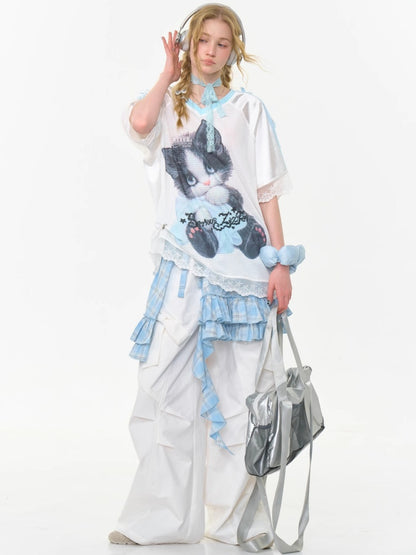 Sporty Cat Print V-Neck Lace Hem Loose Short Sleeve T-Shirt【s0000013029】