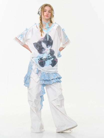 Sporty Cat Print V-Neck Lace Hem Loose Short Sleeve T-Shirt【s0000013029】