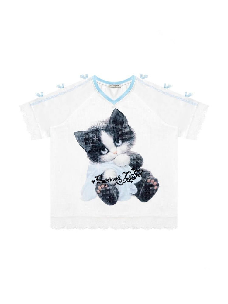 Sporty Cat Print V-Neck Lace Hem Loose Short Sleeve T-Shirt【s0000013029】