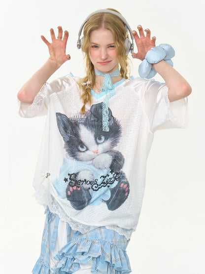 Sporty Cat Print V-Neck Lace Hem Loose Short Sleeve T-Shirt【s0000013029】