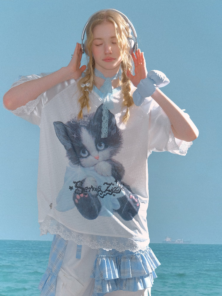 Sporty Cat Print V-Neck Lace Hem Loose Short Sleeve T-Shirt【s0000013029】