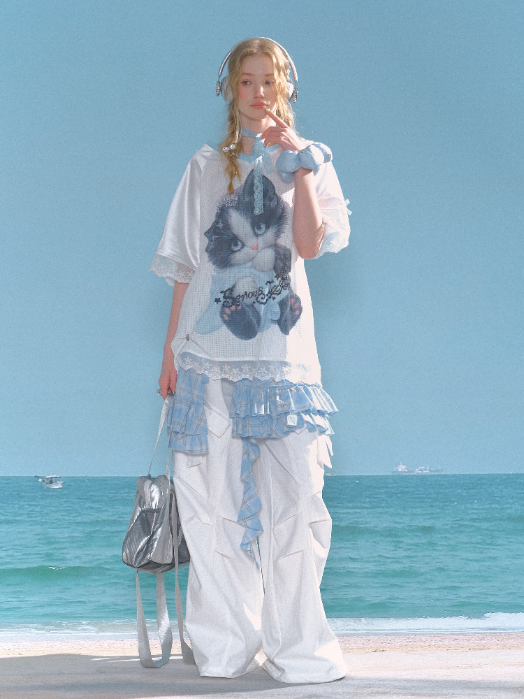 Sporty Cat Print V-Neck Lace Hem Loose Short Sleeve T-Shirt【s0000013029】