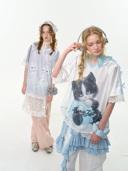 Sporty Cat Print V-Neck Lace Hem Loose Short Sleeve T-Shirt【s0000013029】
