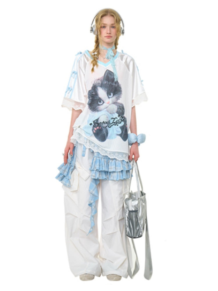 Sporty Cat Print V-Neck Lace Hem Loose Short Sleeve T-Shirt【s0000013029】