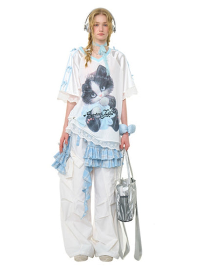 Sporty Cat Print V-Neck Lace Hem Loose Short Sleeve T-Shirt【s0000013029】