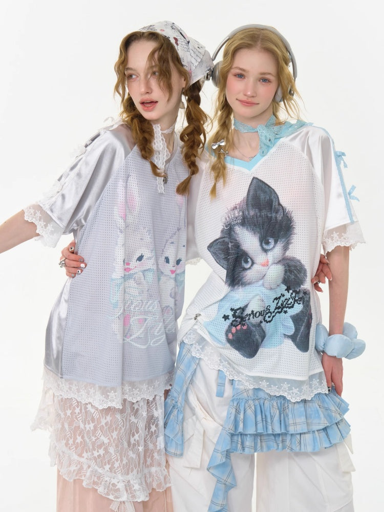 Sporty Cat Print V-Neck Lace Hem Loose Short Sleeve T-Shirt【s0000013029】