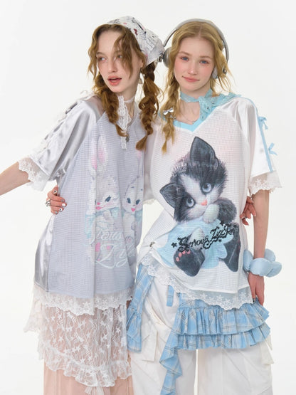 Sporty Cat Print V-Neck Lace Hem Loose Short Sleeve T-Shirt【s0000013029】