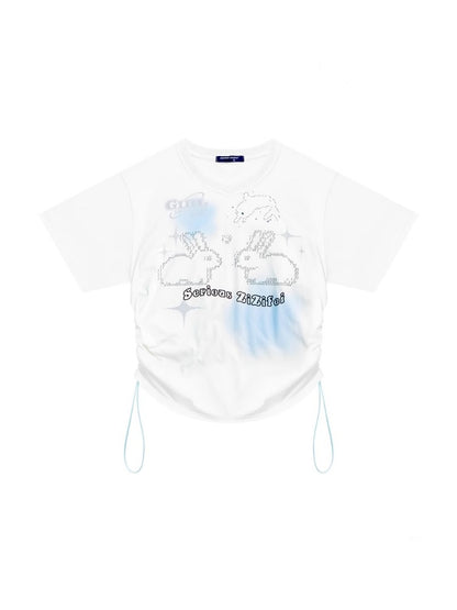 Bunny Print Drawstring Loose V-Neck Short Sleeve T-Shirt【s0000013030】