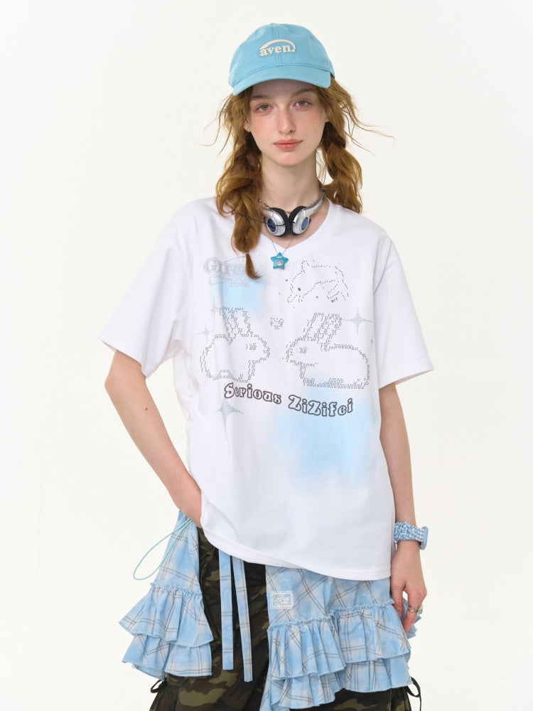 Bunny Print Drawstring Loose V-Neck Short Sleeve T-Shirt【s0000013030】