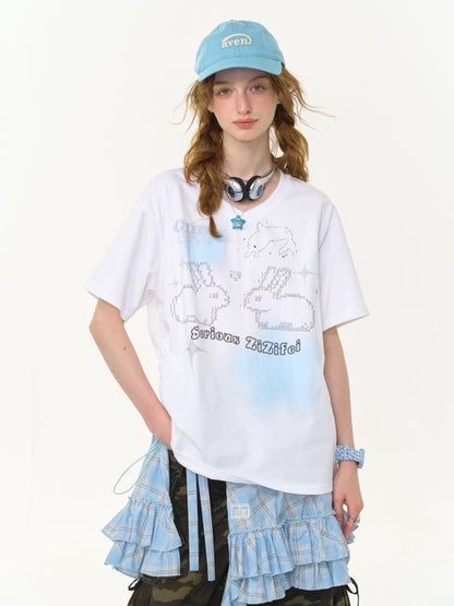 Bunny Print Drawstring Loose V-Neck Short Sleeve T-Shirt【s0000013030】