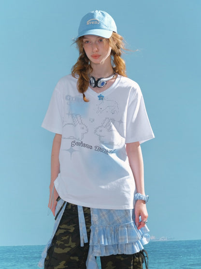 Bunny Print Drawstring Loose V-Neck Short Sleeve T-Shirt【s0000013030】