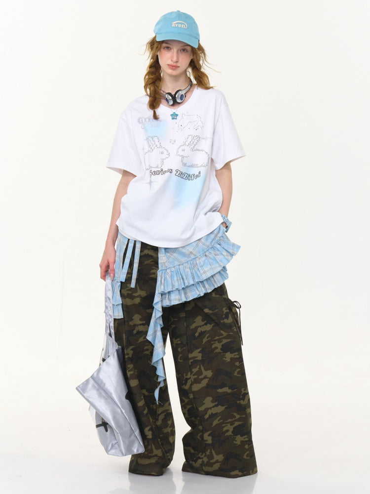 Bunny Print Drawstring Loose V-Neck Short Sleeve T-Shirt【s0000013030】