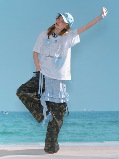 Bunny Print Drawstring Loose V-Neck Short Sleeve T-Shirt【s0000013030】