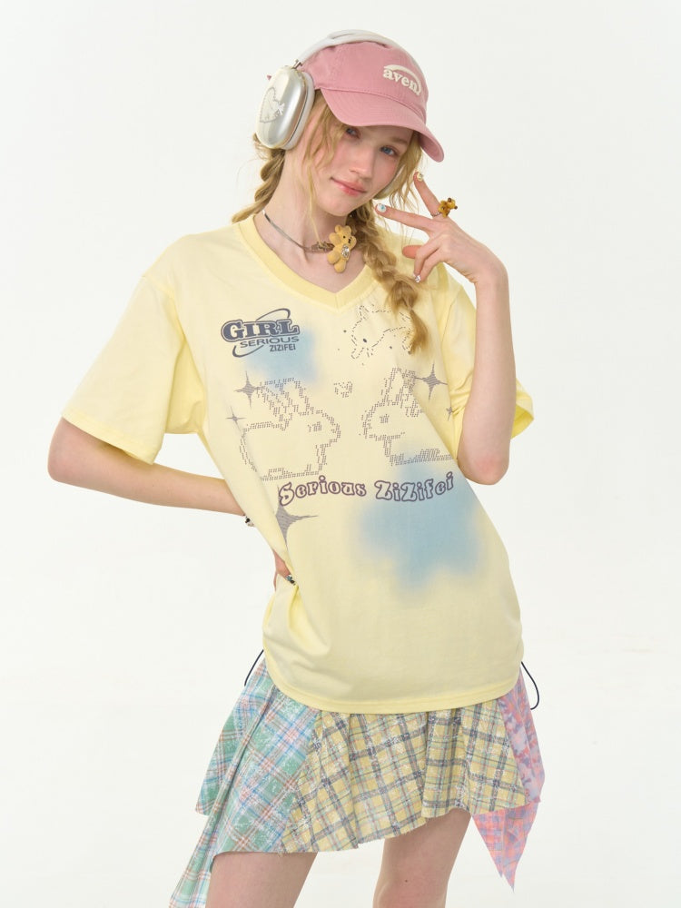 Bunny Print Drawstring Loose V-Neck Short Sleeve T-Shirt【s0000013030】