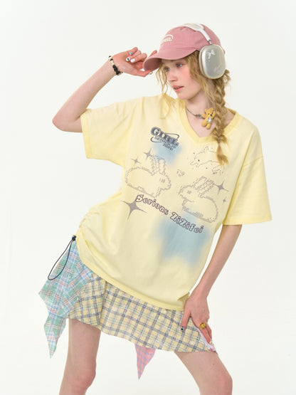 Bunny Print Drawstring Loose V-Neck Short Sleeve T-Shirt【s0000013030】