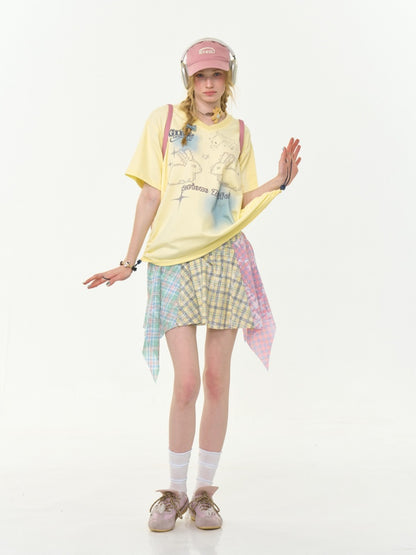 Bunny Print Drawstring Loose V-Neck Short Sleeve T-Shirt【s0000013030】