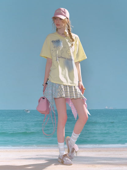 Bunny Print Drawstring Loose V-Neck Short Sleeve T-Shirt【s0000013030】