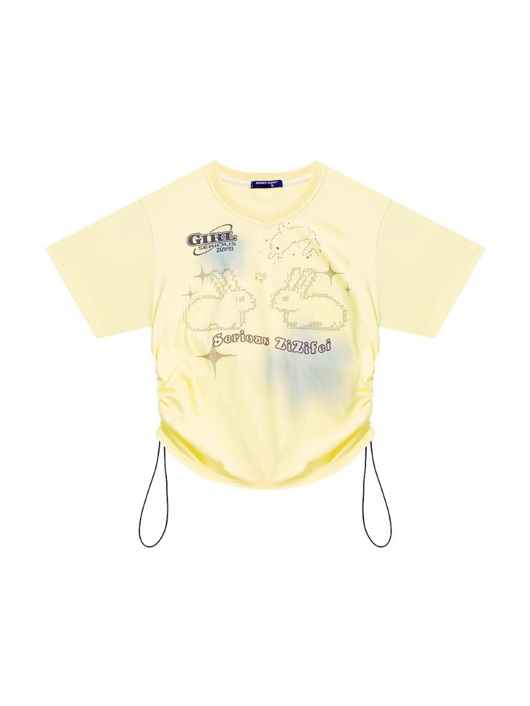 Bunny Print Drawstring Loose V-Neck Short Sleeve T-Shirt【s0000013030】