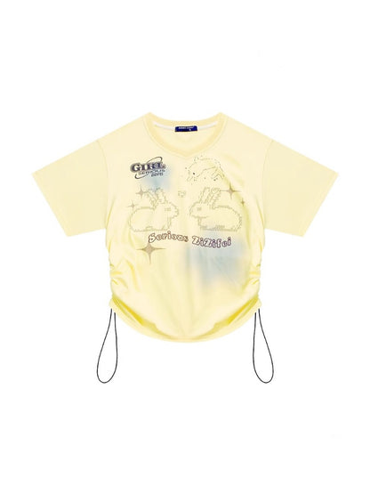 Bunny Print Drawstring Loose V-Neck Short Sleeve T-Shirt【s0000013030】