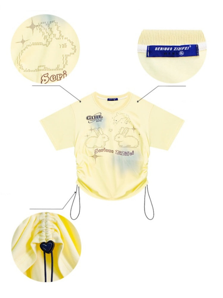 Bunny Print Drawstring Loose V-Neck Short Sleeve T-Shirt【s0000013030】