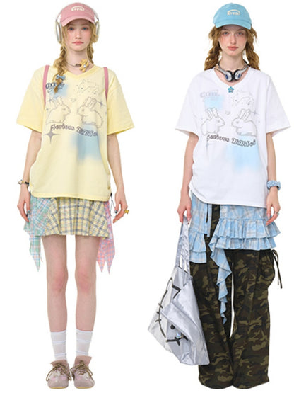 Bunny Print Drawstring Loose V-Neck Short Sleeve T-Shirt【s0000013030】