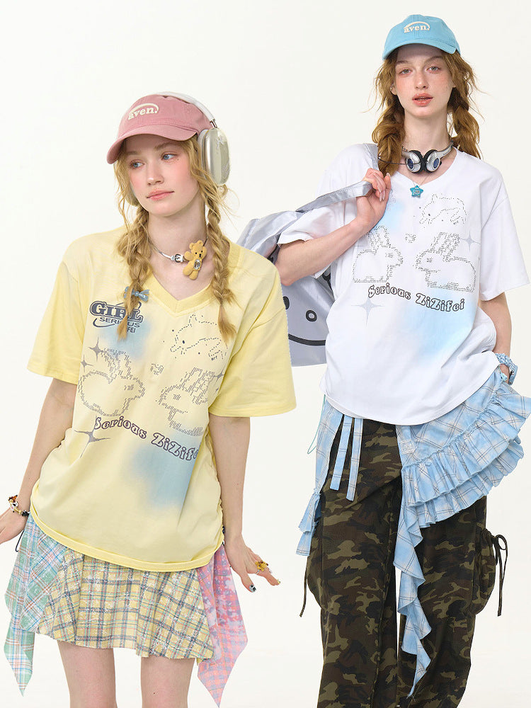 Bunny Print Drawstring Loose V-Neck Short Sleeve T-Shirt【s0000013030】