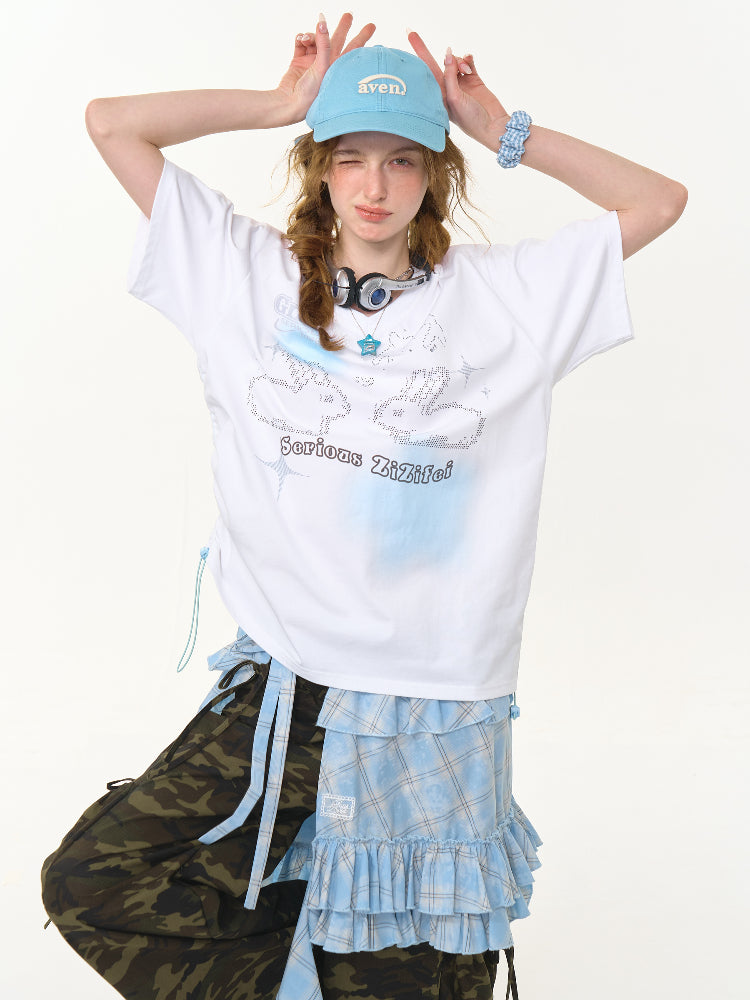 Bunny Print Drawstring Loose V-Neck Short Sleeve T-Shirt【s0000013030】