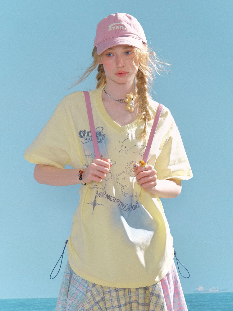 Bunny Print Drawstring Loose V-Neck Short Sleeve T-Shirt【s0000013030】