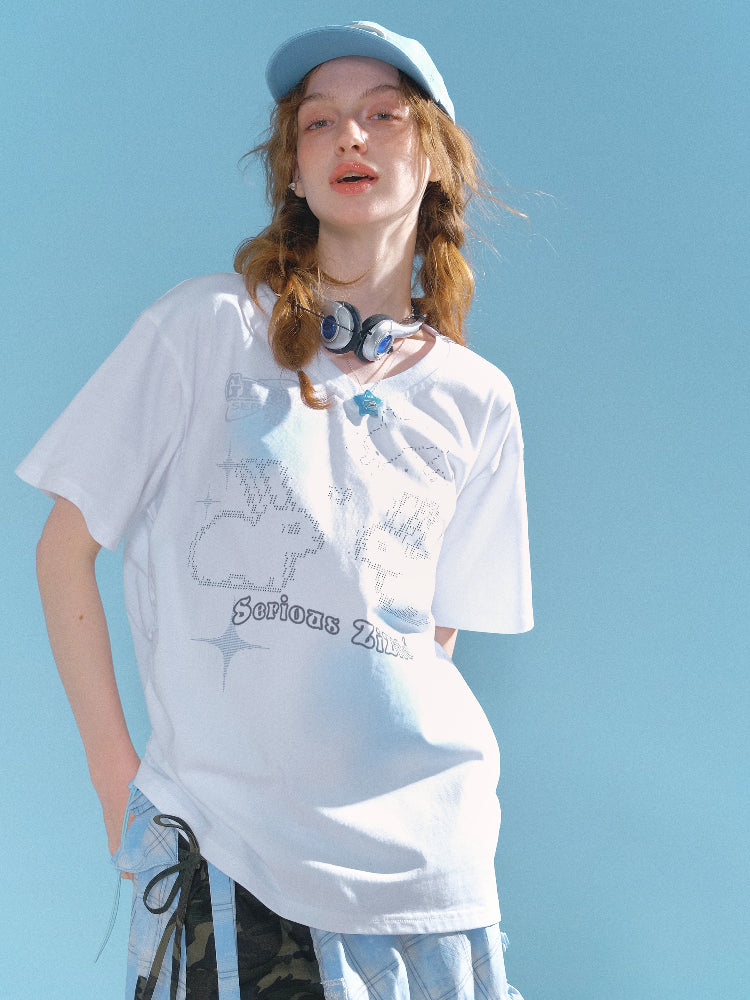 Bunny Print Drawstring Loose V-Neck Short Sleeve T-Shirt【s0000013030】