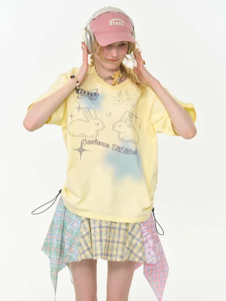Bunny Print Drawstring Loose V-Neck Short Sleeve T-Shirt【s0000013030】