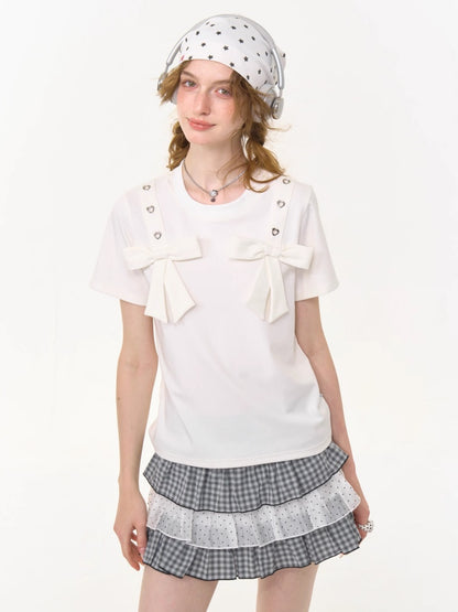 Big Bow Heart Grommet Round Neck Short Sleeve T-Shirt【s0000013031】