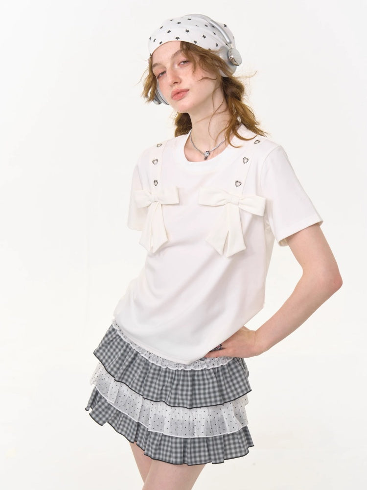 Big Bow Heart Grommet Round Neck Short Sleeve T-Shirt【s0000013031】