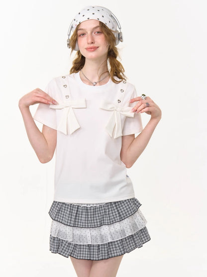 Big Bow Heart Grommet Round Neck Short Sleeve T-Shirt【s0000013031】