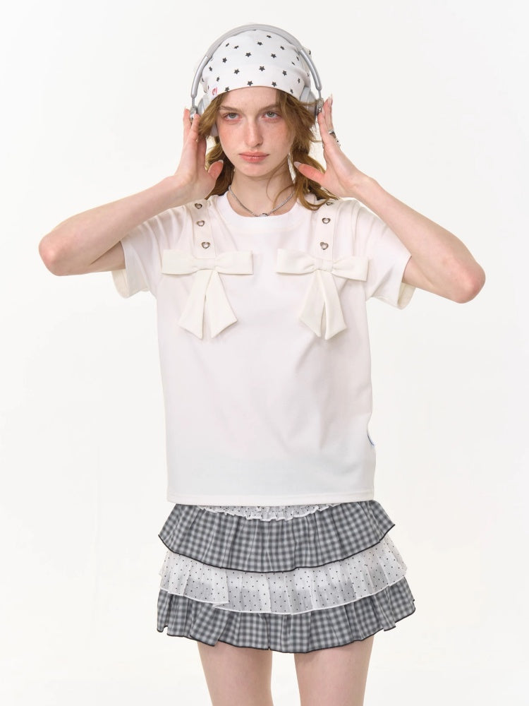 Big Bow Heart Grommet Round Neck Short Sleeve T-Shirt【s0000013031】