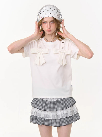 Big Bow Heart Grommet Round Neck Short Sleeve T-Shirt【s0000013031】