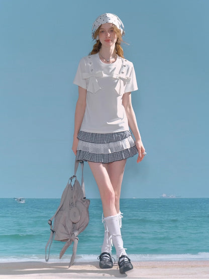 Big Bow Heart Grommet Round Neck Short Sleeve T-Shirt【s0000013031】