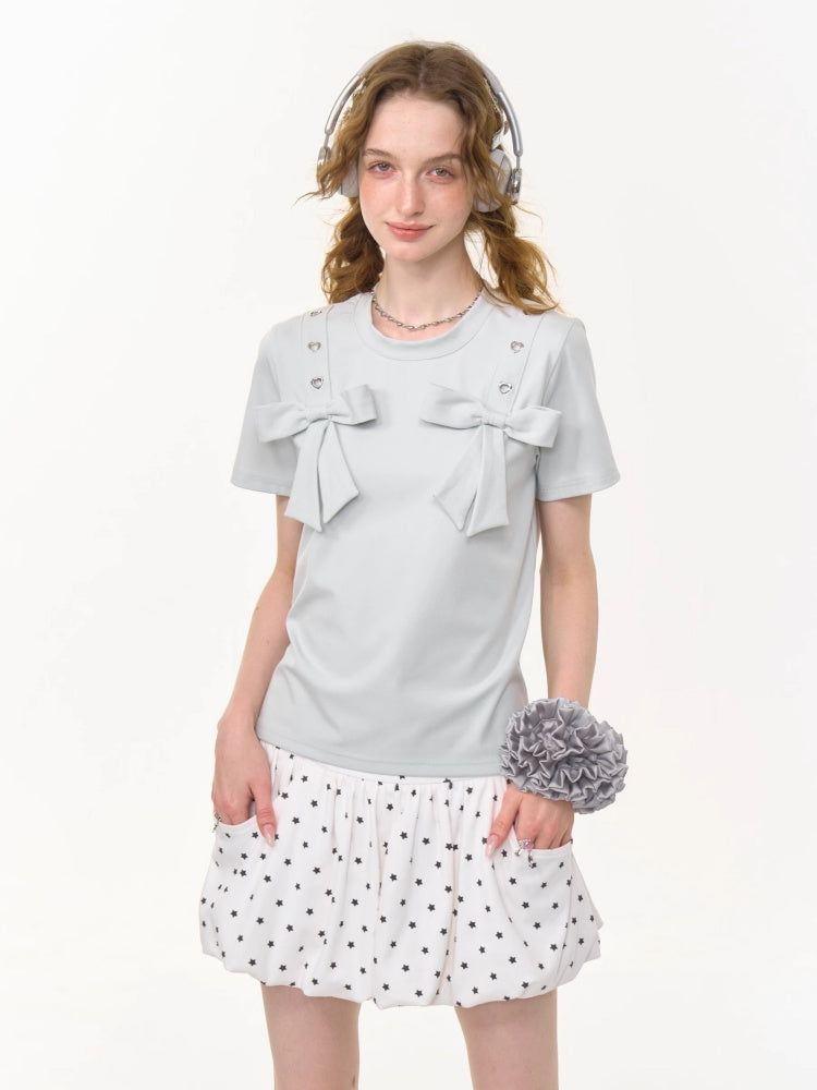 Big Bow Heart Grommet Round Neck Short Sleeve T-Shirt【s0000013031】