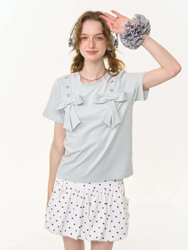 Big Bow Heart Grommet Round Neck Short Sleeve T-Shirt【s0000013031】