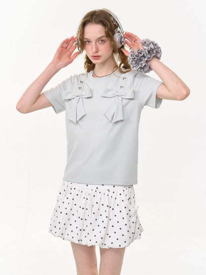 Big Bow Heart Grommet Round Neck Short Sleeve T-Shirt【s0000013031】