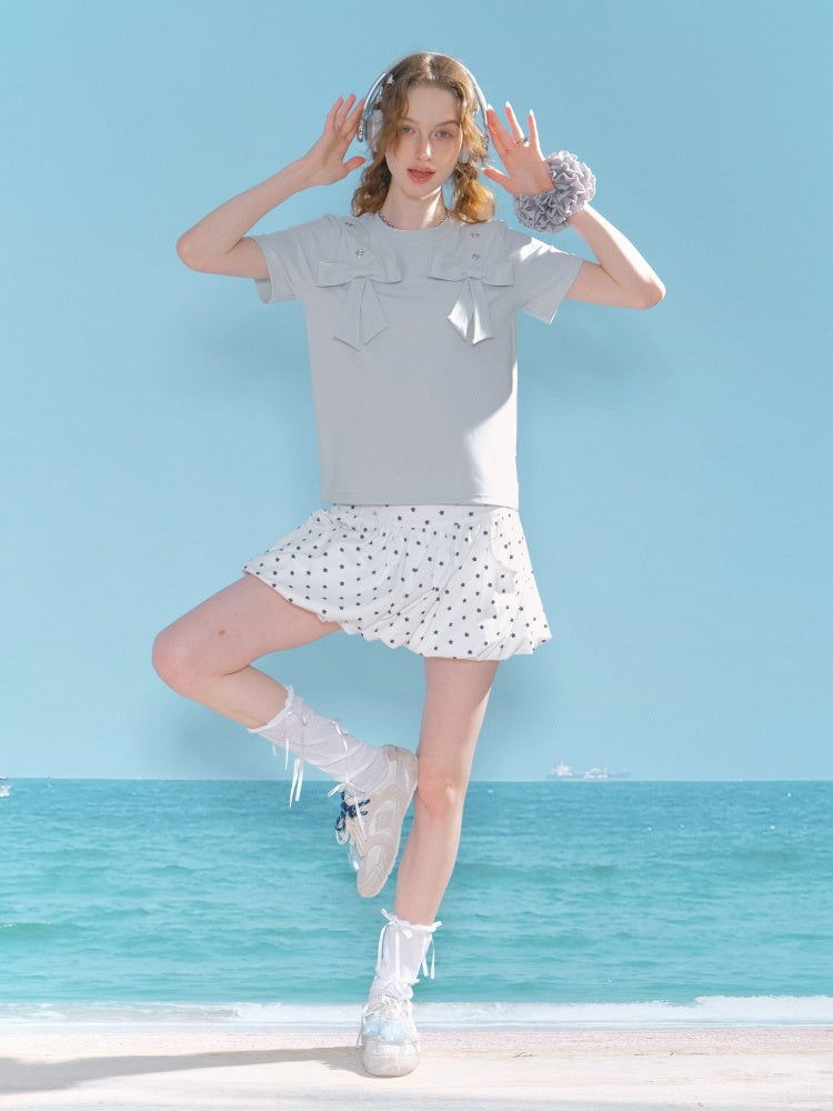 Big Bow Heart Grommet Round Neck Short Sleeve T-Shirt【s0000013031】