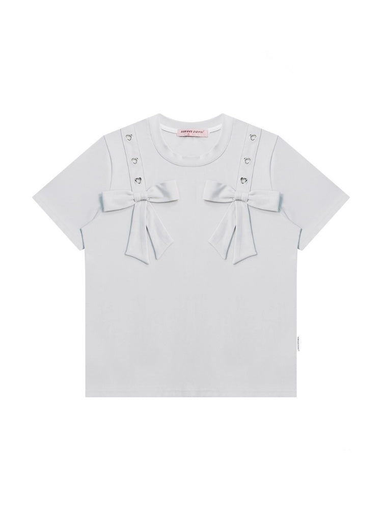 Big Bow Heart Grommet Round Neck Short Sleeve T-Shirt【s0000013031】