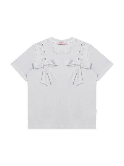 Big Bow Heart Grommet Round Neck Short Sleeve T-Shirt【s0000013031】