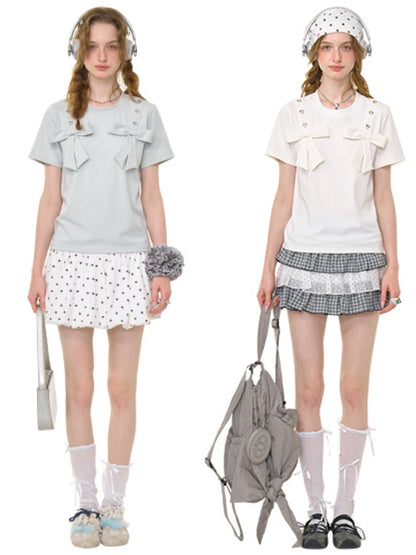 Big Bow Heart Grommet Round Neck Short Sleeve T-Shirt【s0000013031】