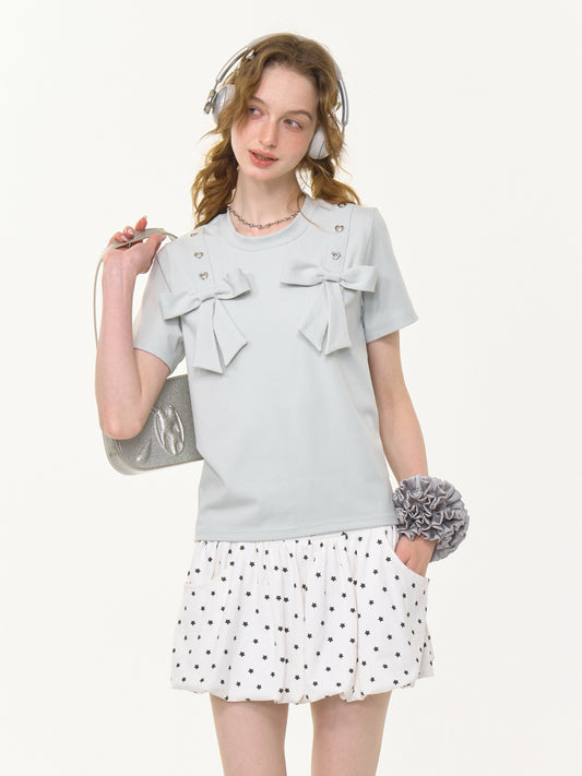 Big Bow Heart Grommet Round Neck Short Sleeve T-Shirt【s0000013031】