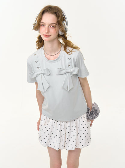 Big Bow Heart Grommet Round Neck Short Sleeve T-Shirt【s0000013031】