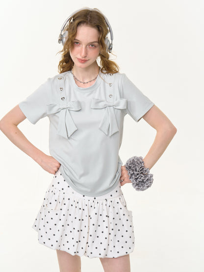 Big Bow Heart Grommet Round Neck Short Sleeve T-Shirt【s0000013031】