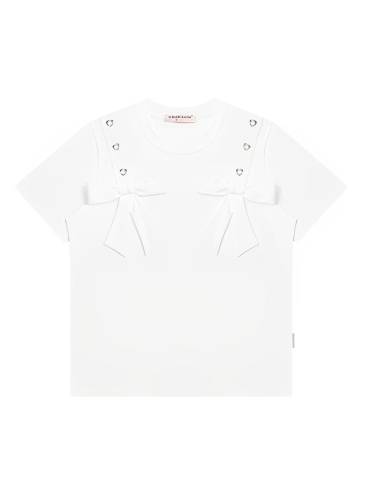 Big Bow Heart Grommet Round Neck Short Sleeve T-Shirt【s0000013031】