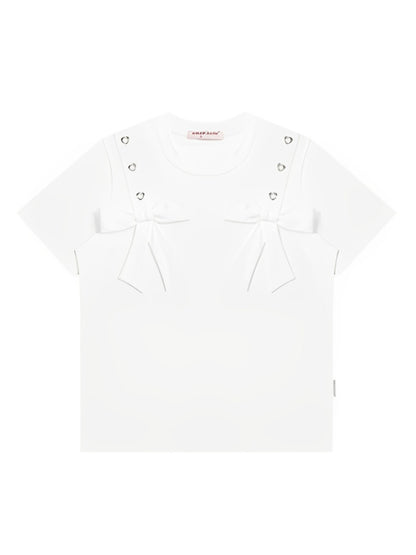 Big Bow Heart Grommet Round Neck Short Sleeve T-Shirt【s0000013031】
