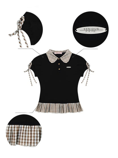 Gingham Frill Hem Puff Ribbon Sleeve Doll Collar Polo Shirt【s0000013033】