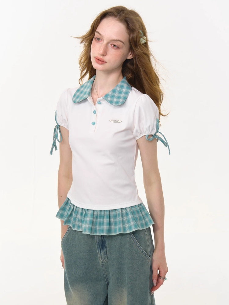 Gingham Frill Hem Puff Ribbon Sleeve Doll Collar Polo Shirt【s0000013033】